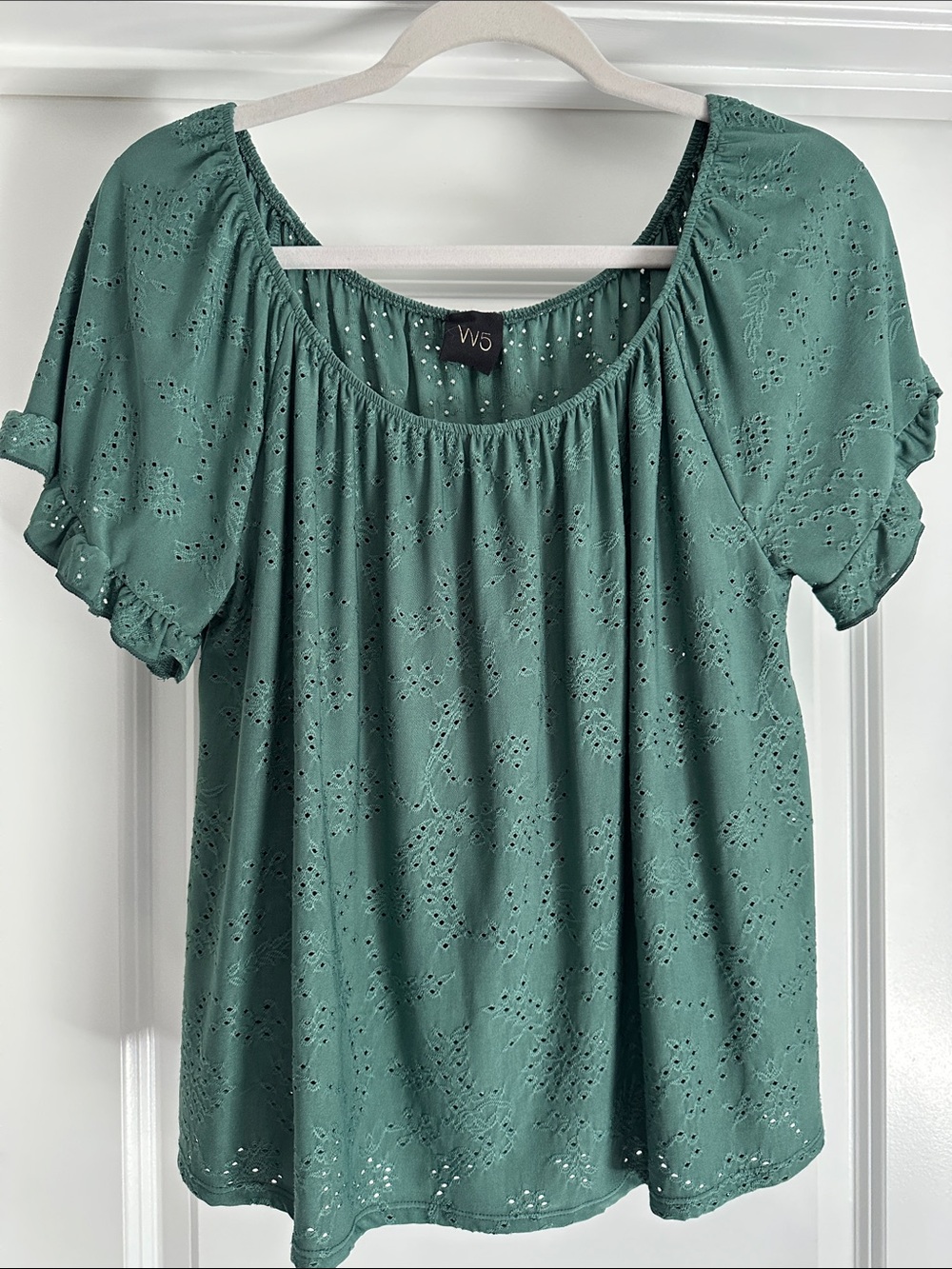 W5 Green Eyelet Peasant Top
